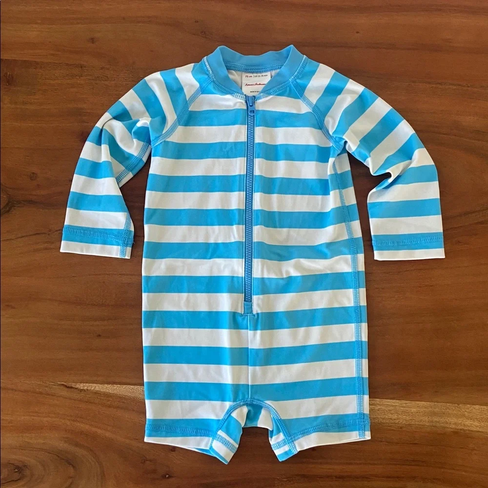 Hanna Andersson Blue and White Striped Kids Rash Guard One-Piece